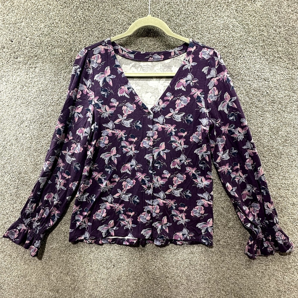 Garnet Hill Laurel Button Front Knit Blouse‎ Top Women XS Purple Floral V Neck
